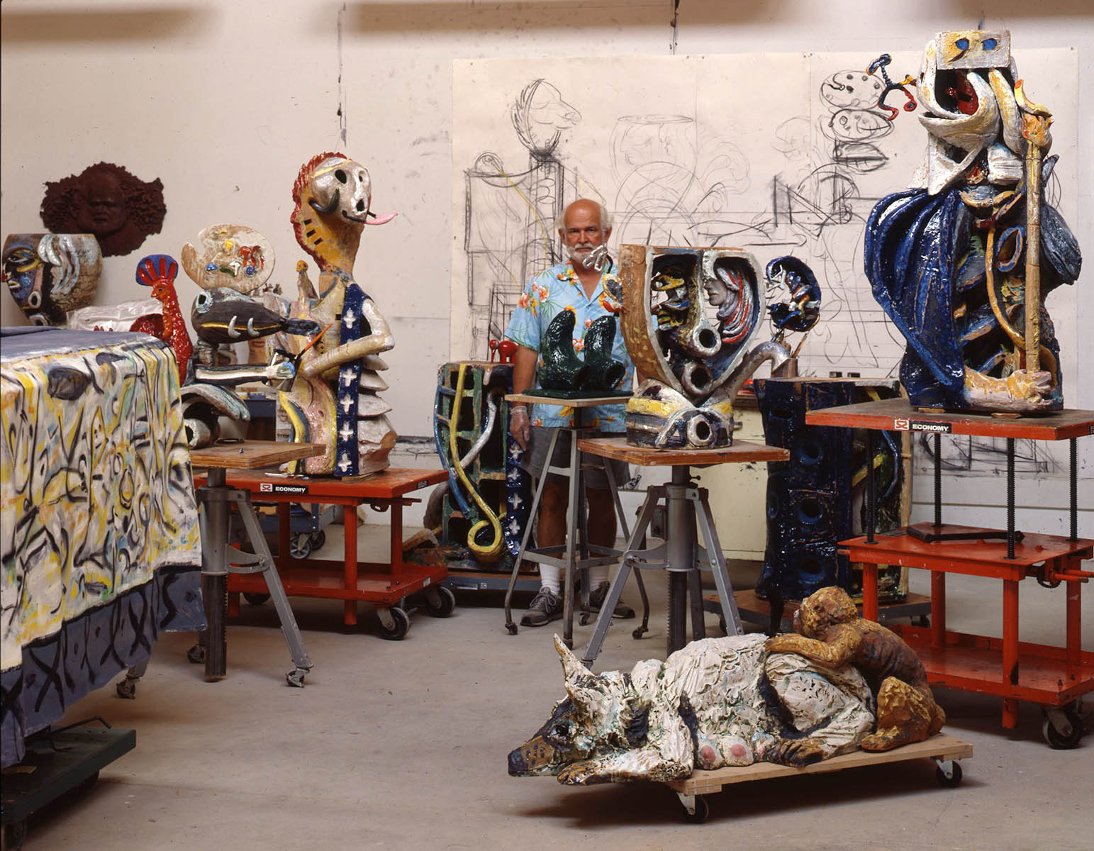 Arneson with parts of Guardians of the Secret II at 430 First Street studio in Benicia, CA, 1990.