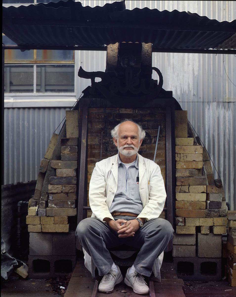 Arneson in front of salt kiln at TB-9, Davis, CA, 1991.