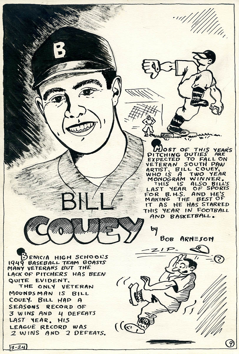 Robert Arneson, Baseball Comic of Bill Couey, 1949, ink on paper, 11 x 7 1/2 inches.