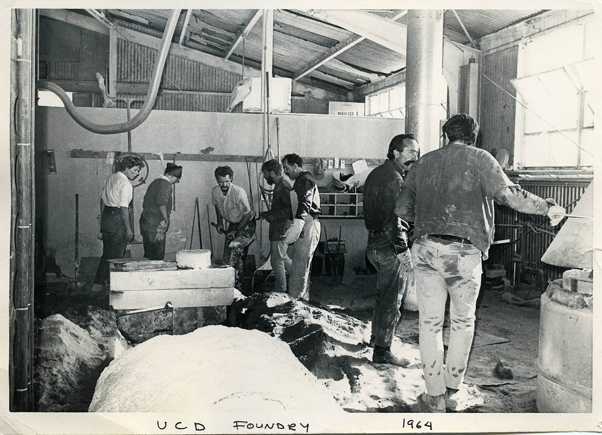 Ruth Horsting, Mary Stewart, Ed Higgins, Peter Vandenberge, Robert Arneson, Tio Giambruni, David Gilhooly in TB-9 Foundry, Davis, CA, 1964.