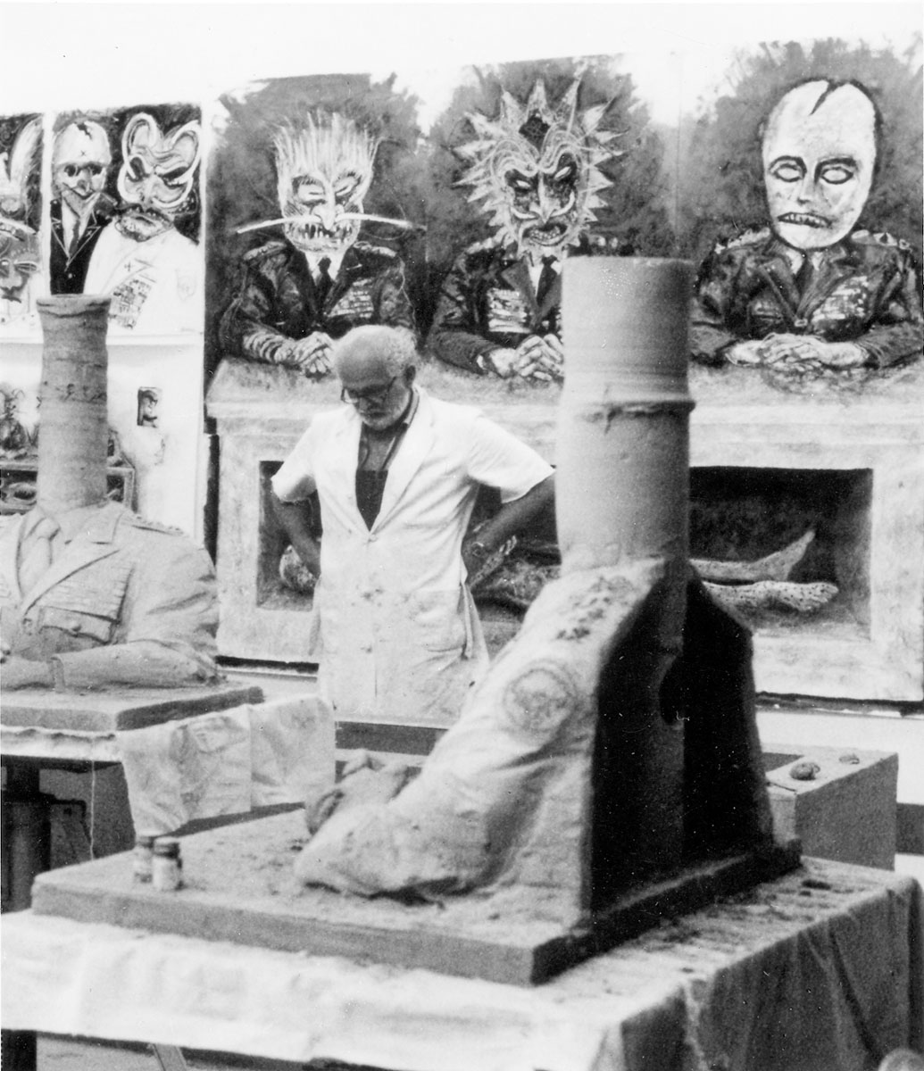 Arneson in studio with Sarcophagus, 1984.