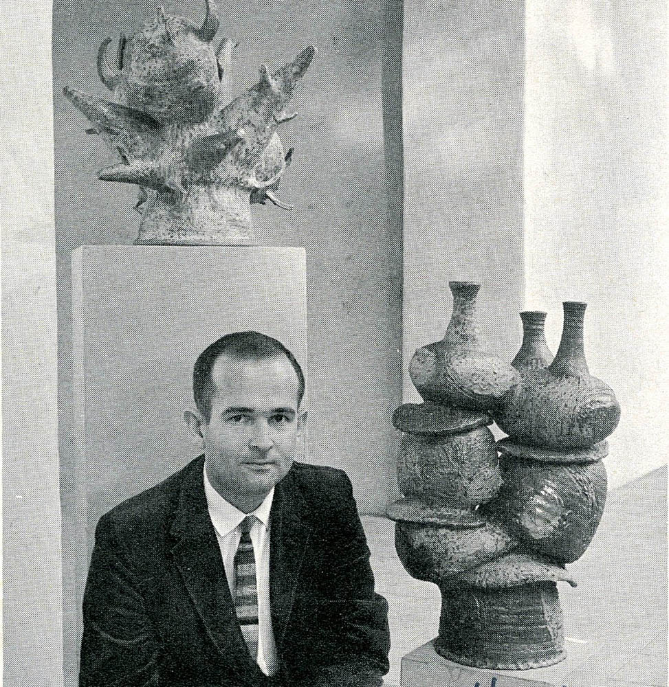 Arneson at Oakland Museum exhibition, Oakland, CA, 1960.